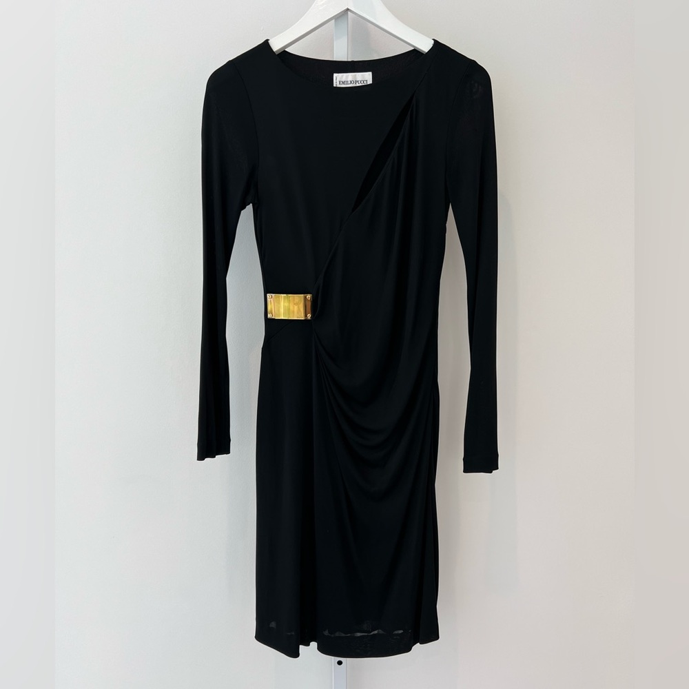 EMILIO PUCCI BLACK FAUX WRAP GOLD BUCKLE DRESS MODEL 36RH41 SIZE IT 40 / US 6